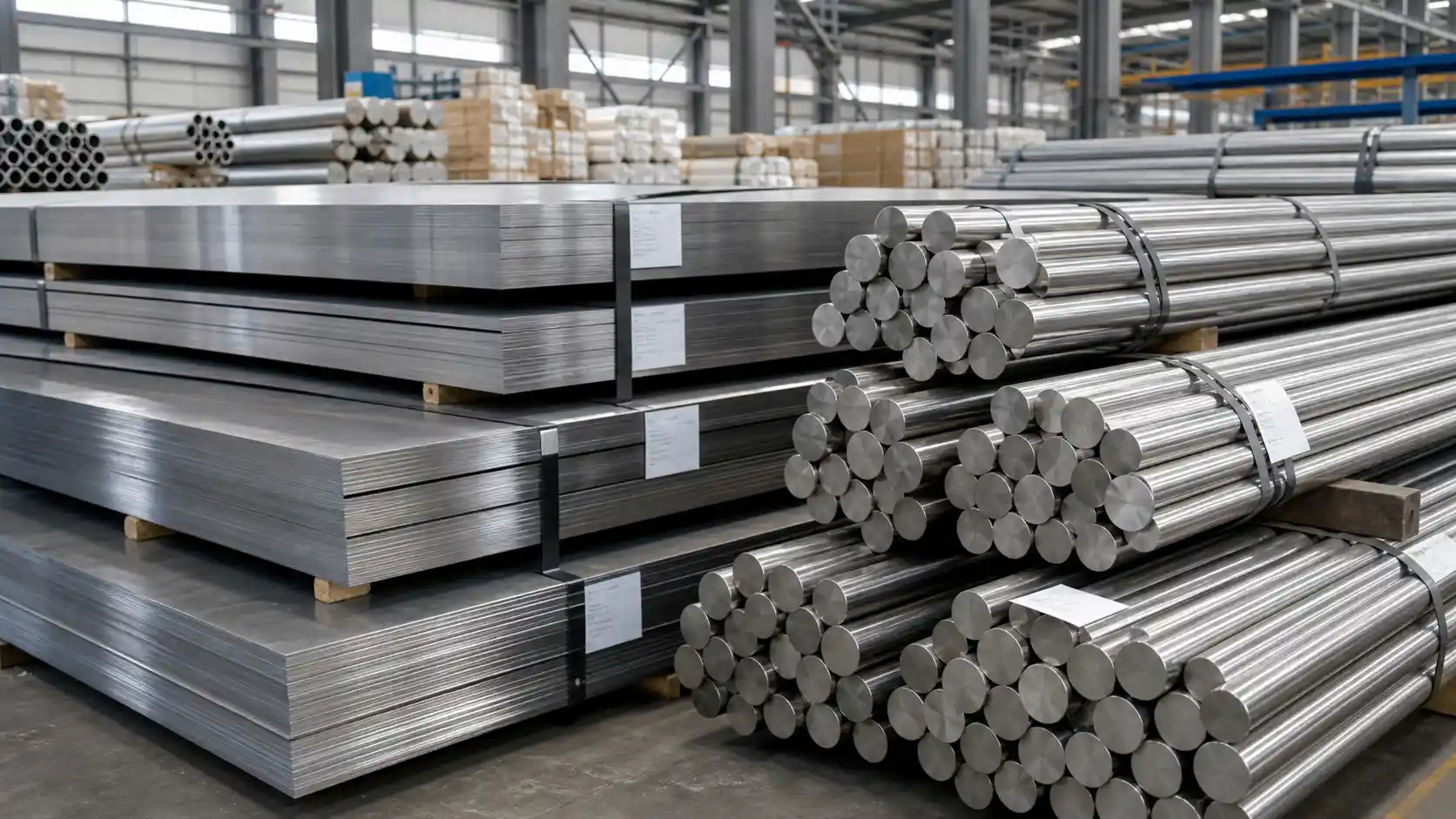 AI-generated visual of duplex stainless steel round bars and plates arranged for sourcing review